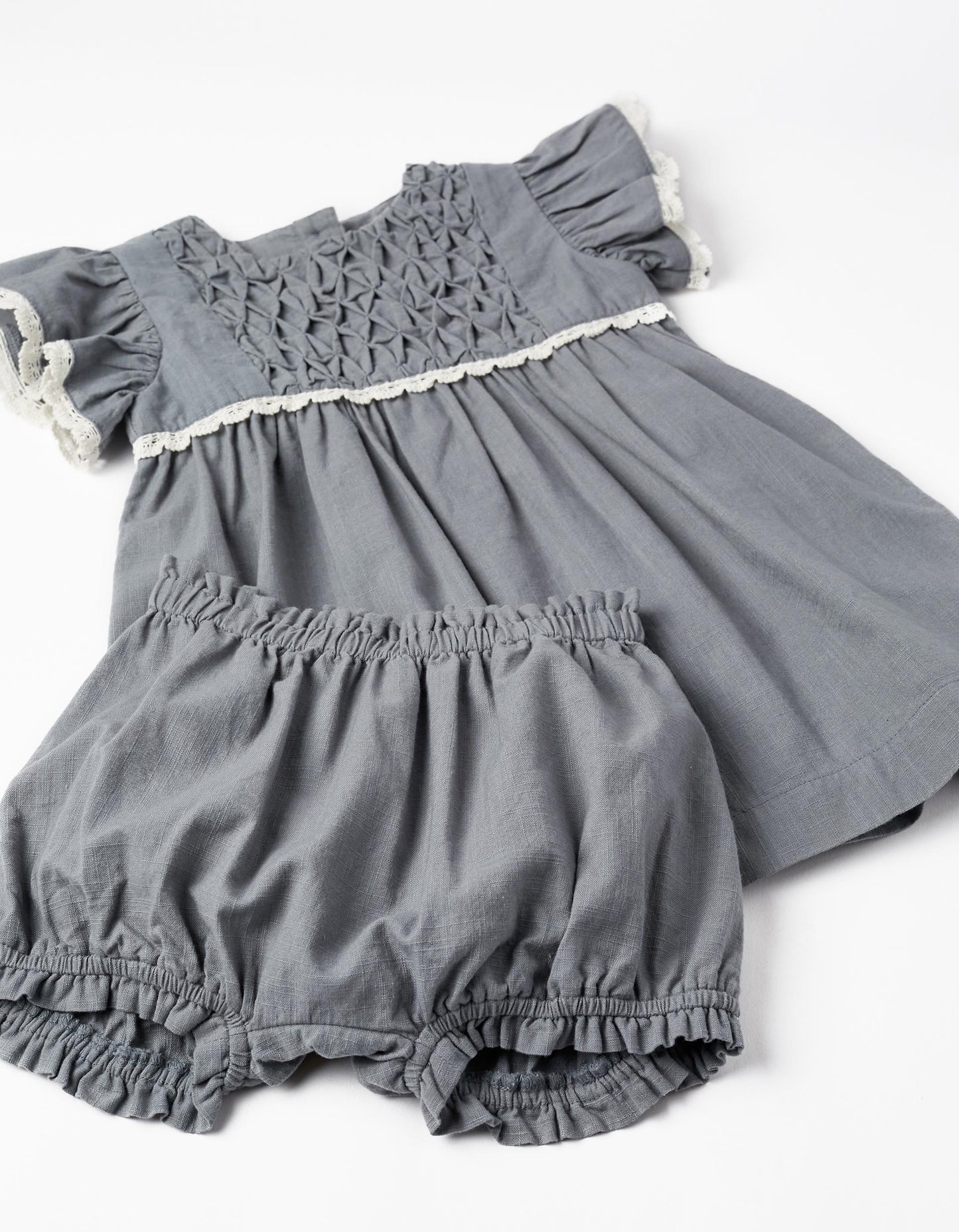 Vestitino in cotone con pizzo + bloomer per neonata, blu