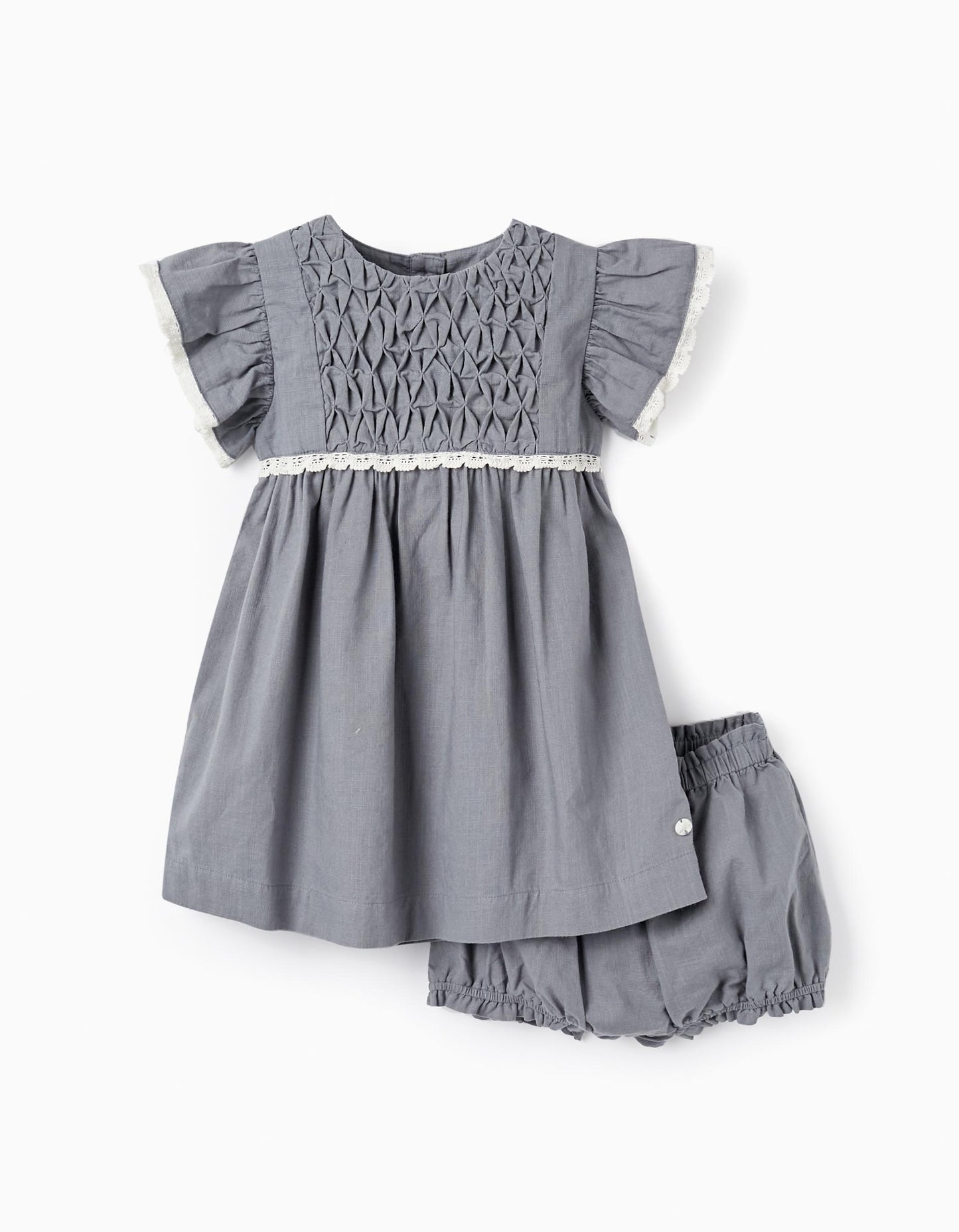 Vestitino in cotone con pizzo + bloomer per neonata, blu