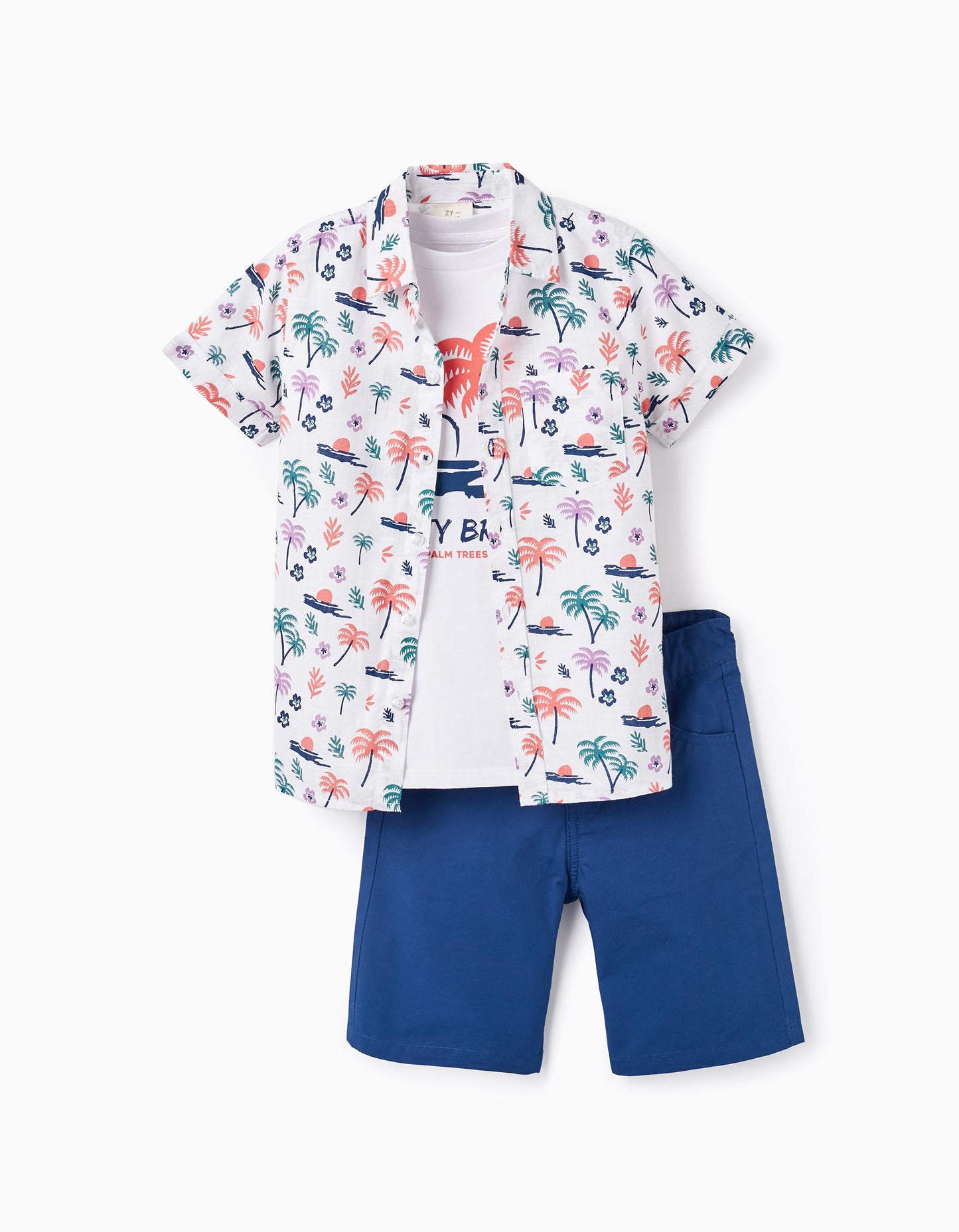 Camicia maniche corte + T-shirt + pantaloncini da bambino "palm trees", bianco/blu
