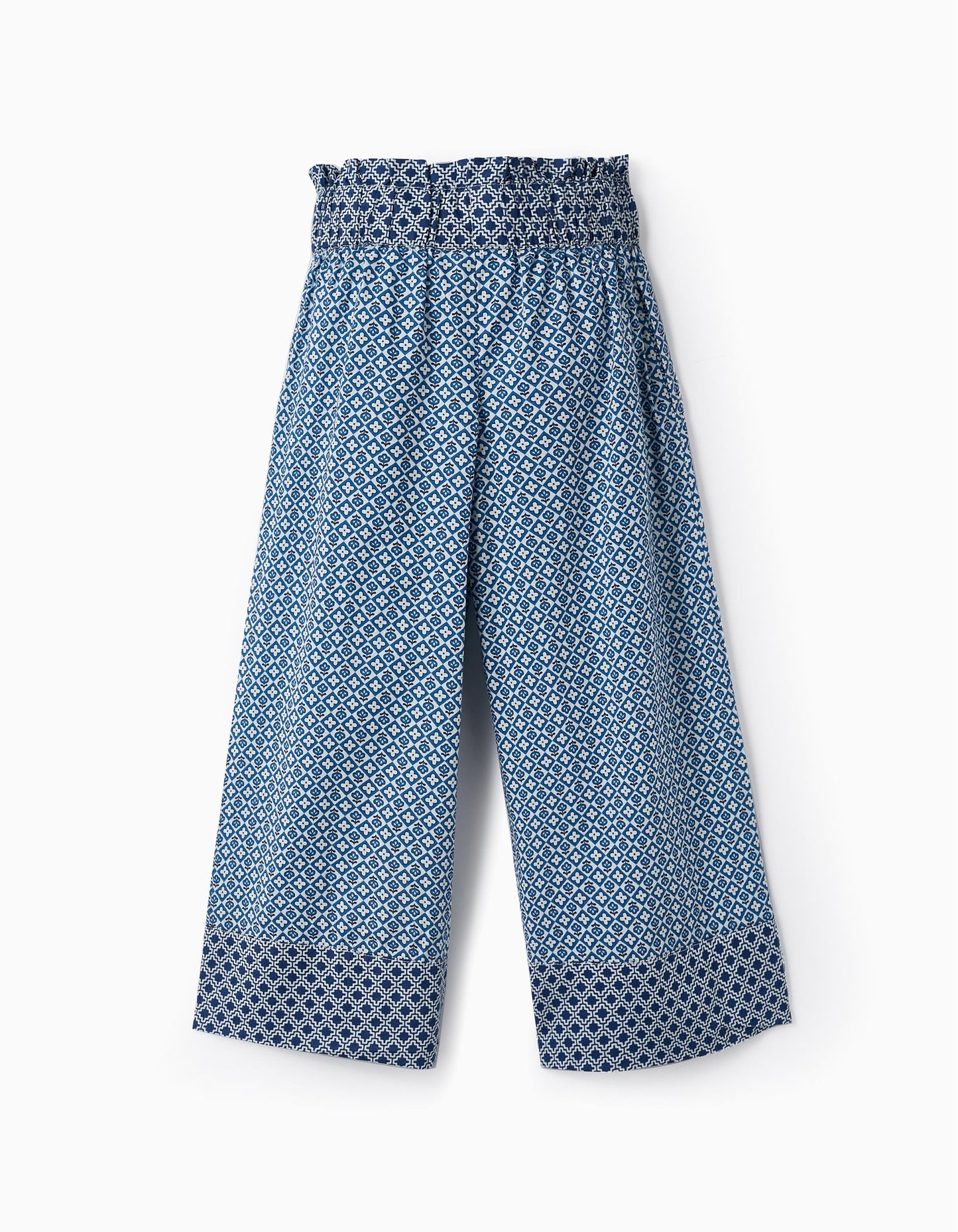 Pantaloni a vita alta in cotone fantasia "wide leg" blu/bianco
