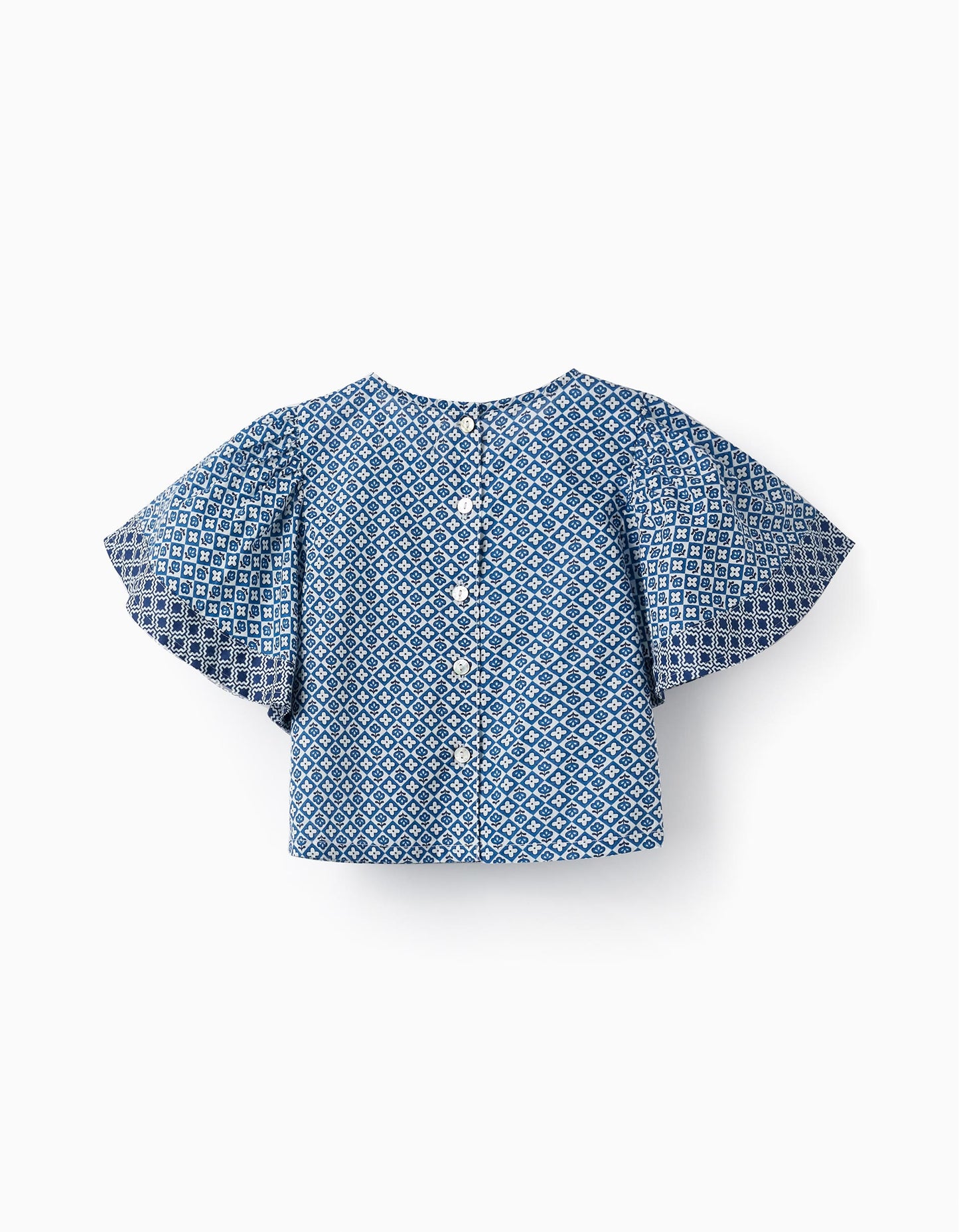 Maglietta corta in cotone con fantasia per bambina, blu/bianco