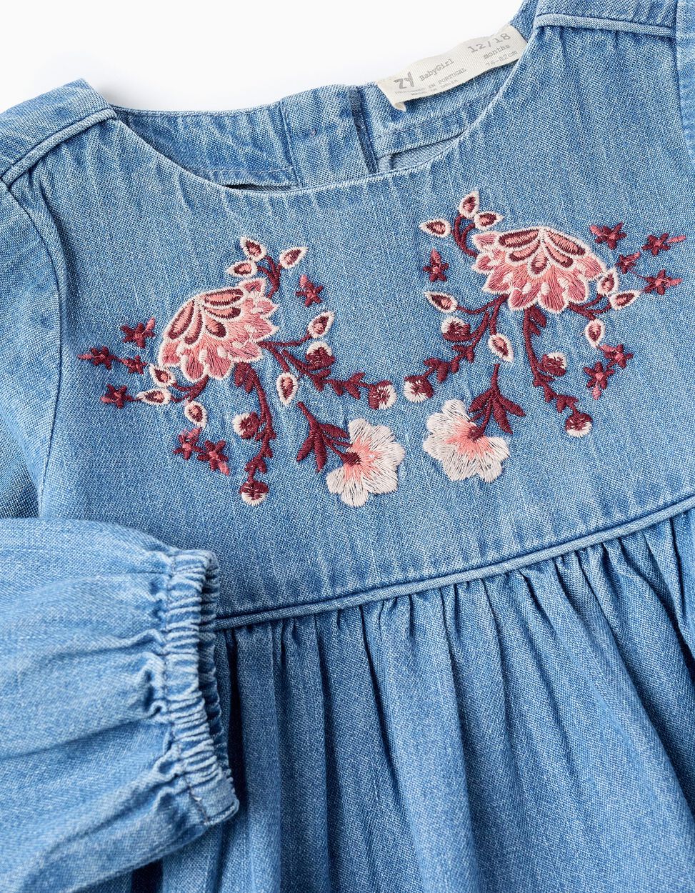 Vestito in denim con ricamo per neonata, blu