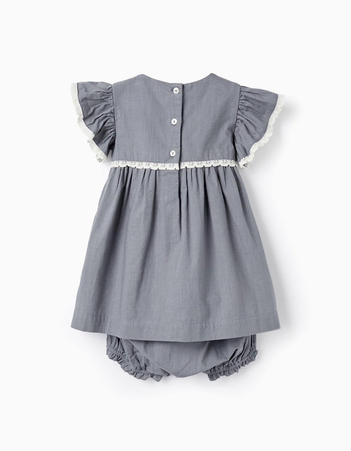 Vestitino in cotone con pizzo + bloomer per neonata, blu