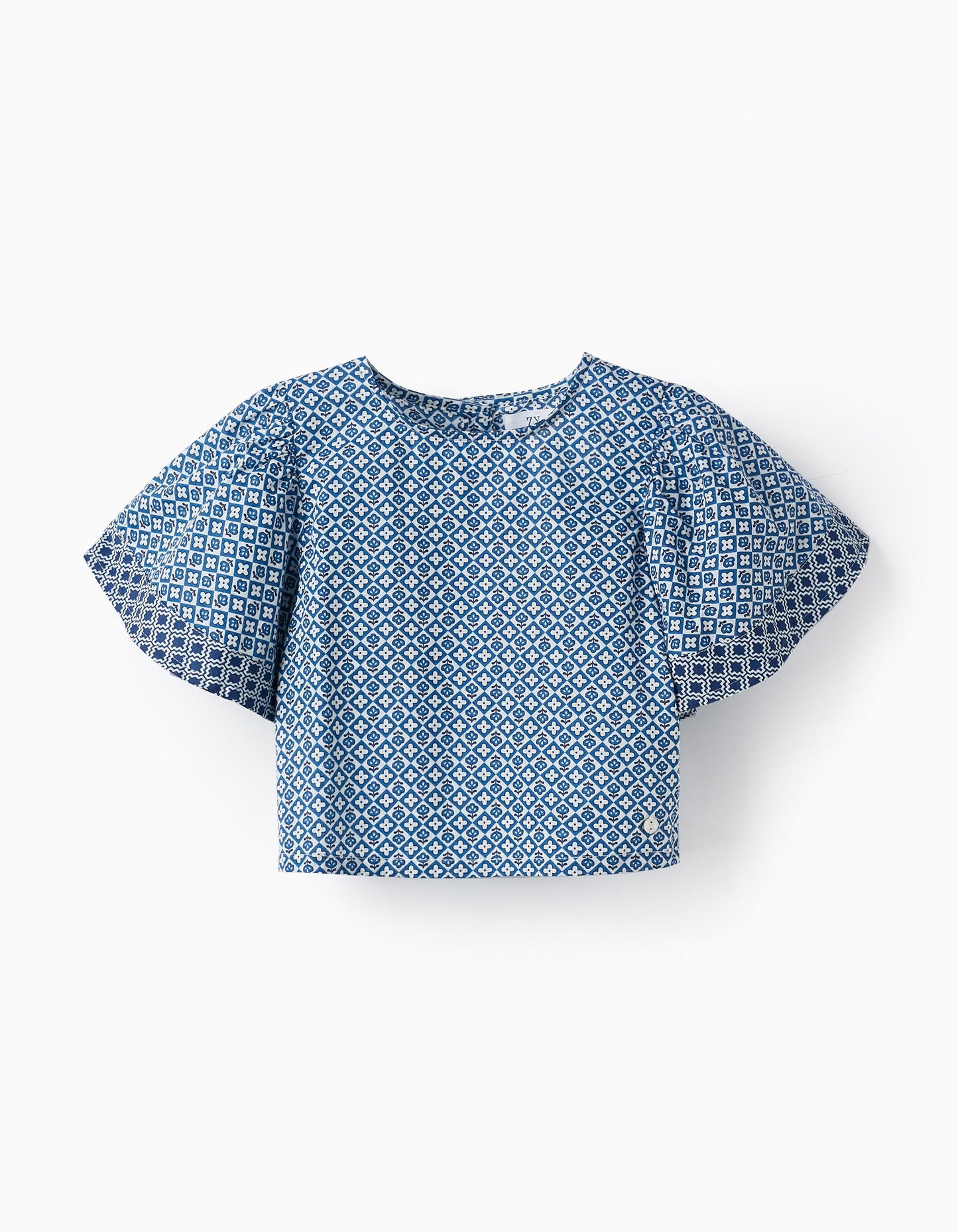 Maglietta corta in cotone con fantasia per bambina, blu/bianco