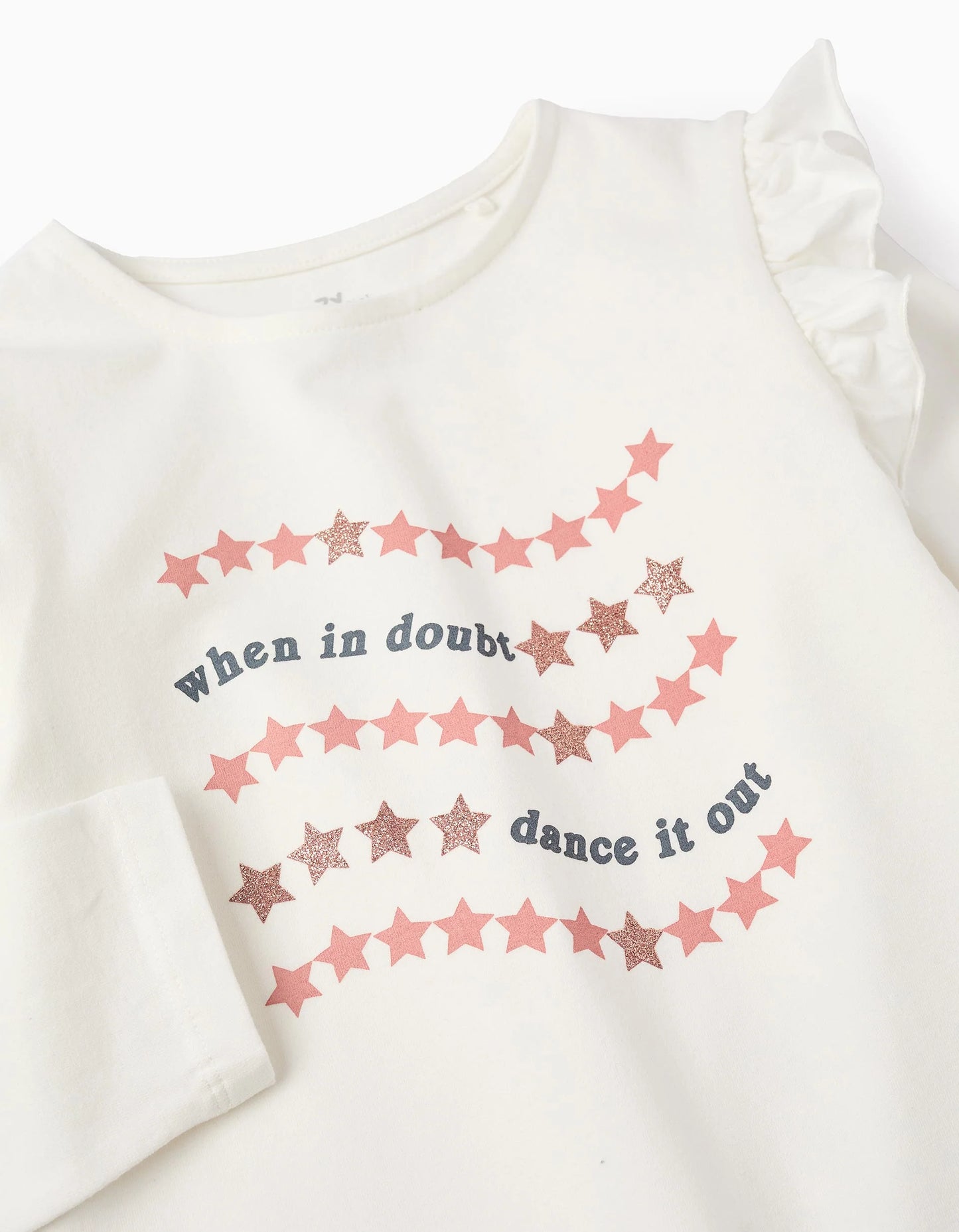 Maglietta maniche lunghe con volant e glitter per bambina, bianca