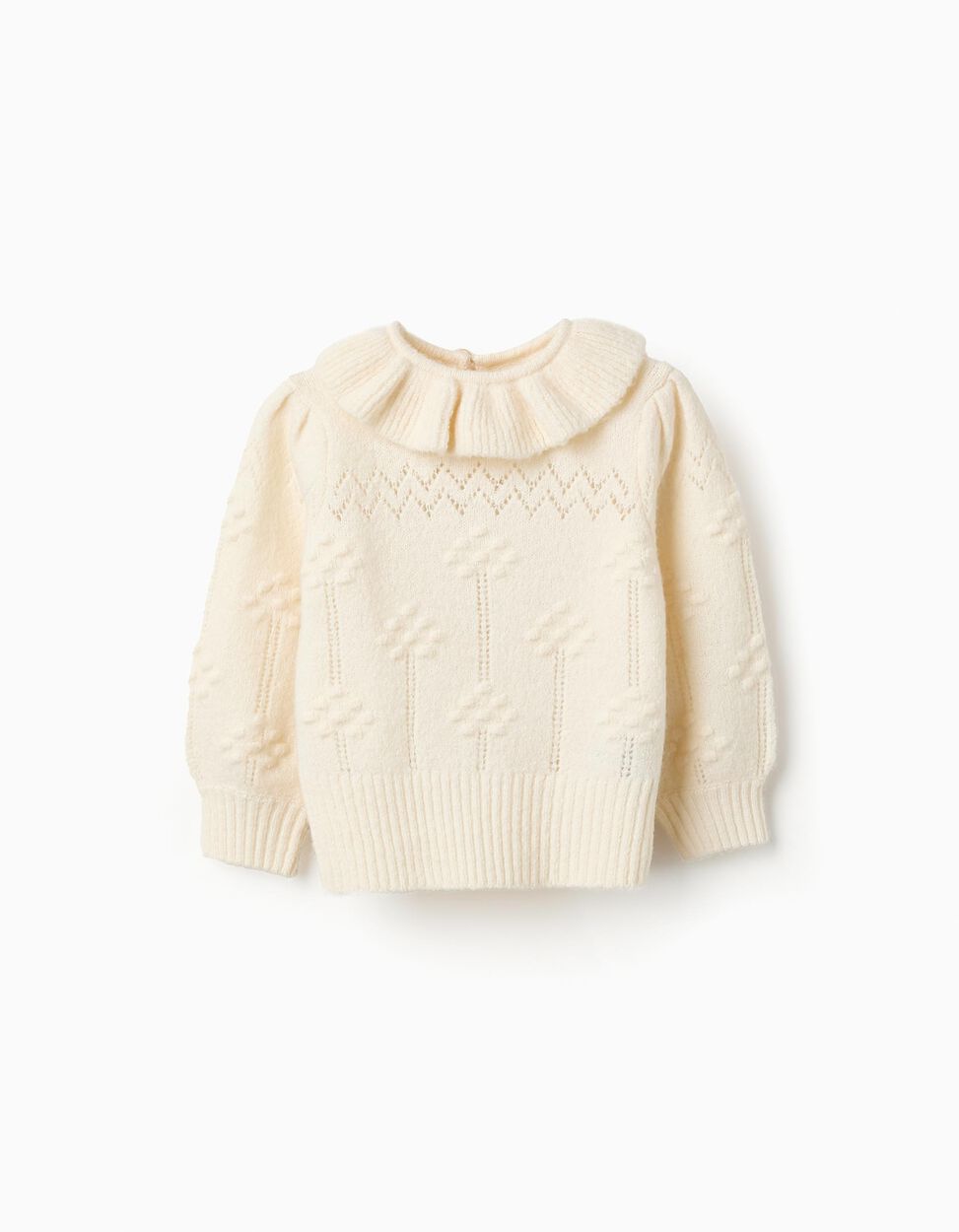 Maglione lavorato a maglia con volant per neonata, bianco