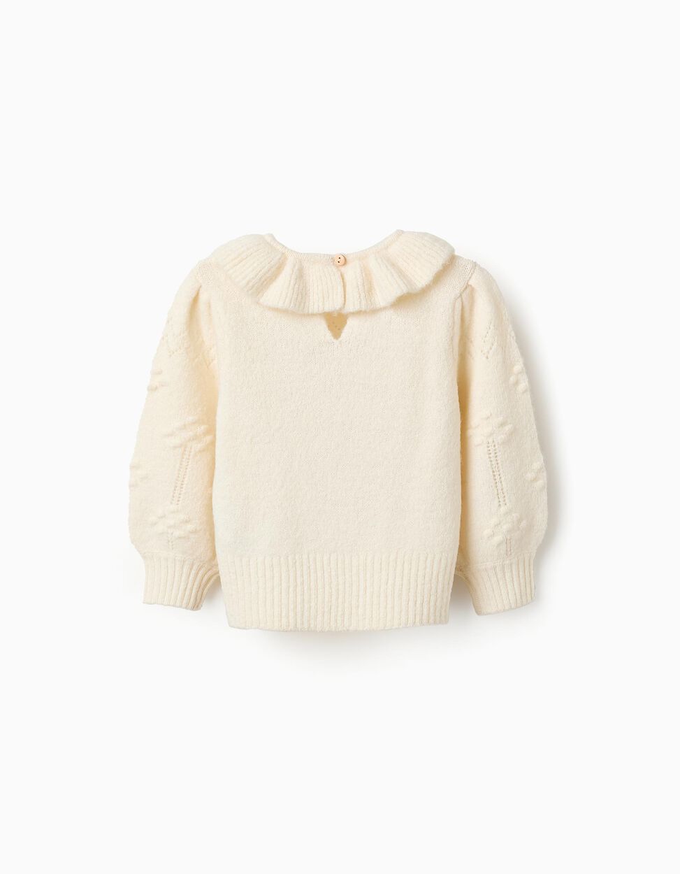 Maglione lavorato a maglia con volant per neonata, bianco