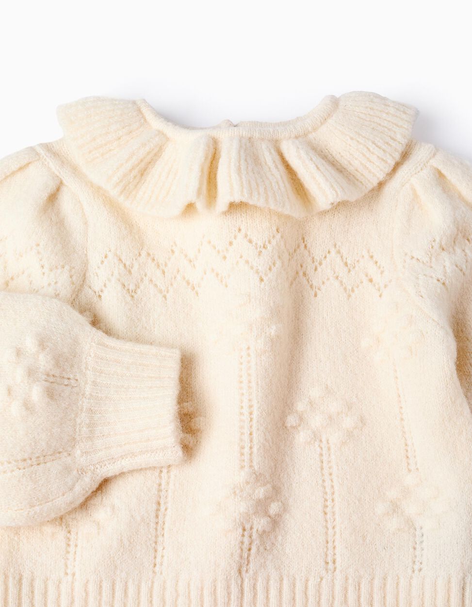 Maglione lavorato a maglia con volant per neonata, bianco