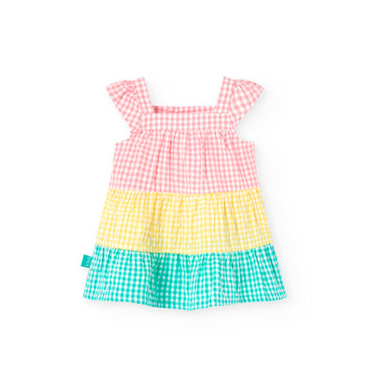 Vestito in popeline per bambina con design a quadri multicolore
