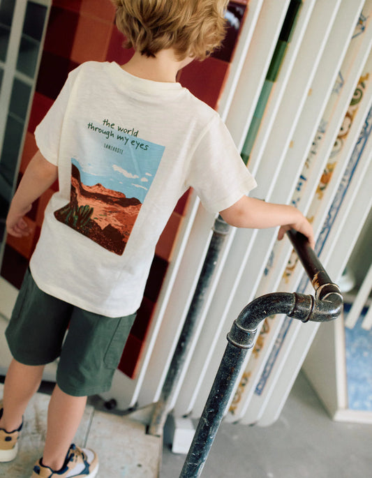 T-shirt in cotone con stampa Lanzarote per ragazzi, beige chiaro