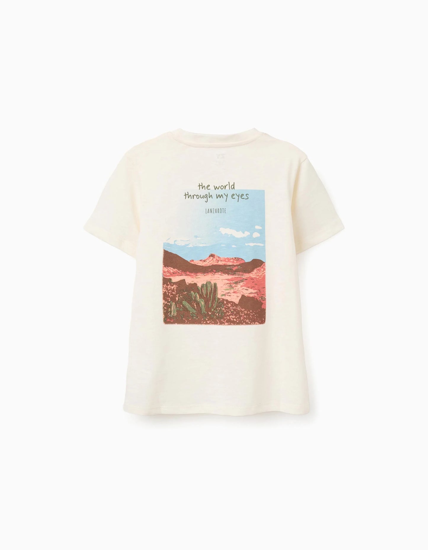 T-shirt in cotone con stampa Lanzarote per ragazzi, beige chiaro