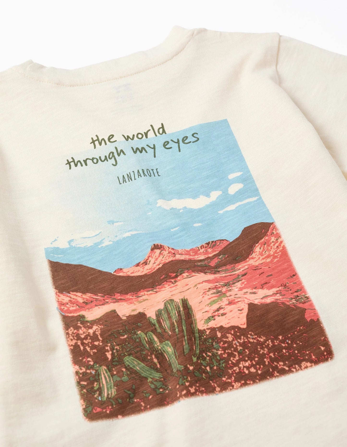 T-shirt in cotone con stampa Lanzarote per ragazzi, beige chiaro