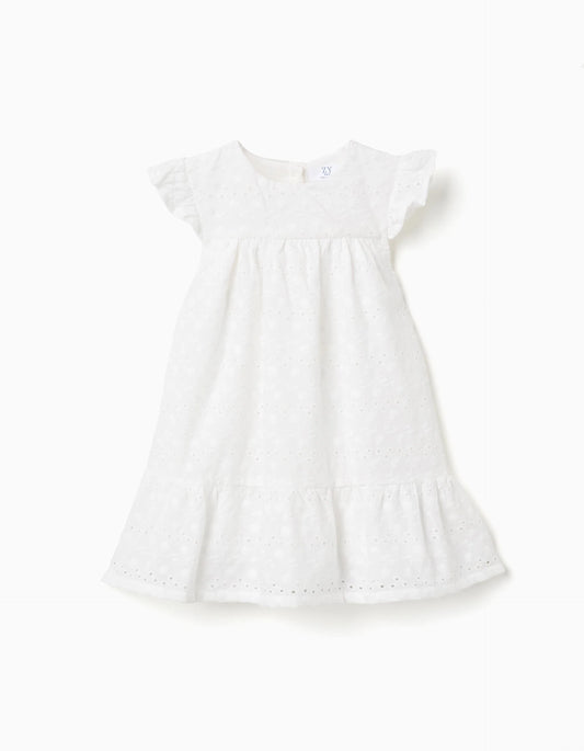 Vestito con ricami inglesi e volant per neonata