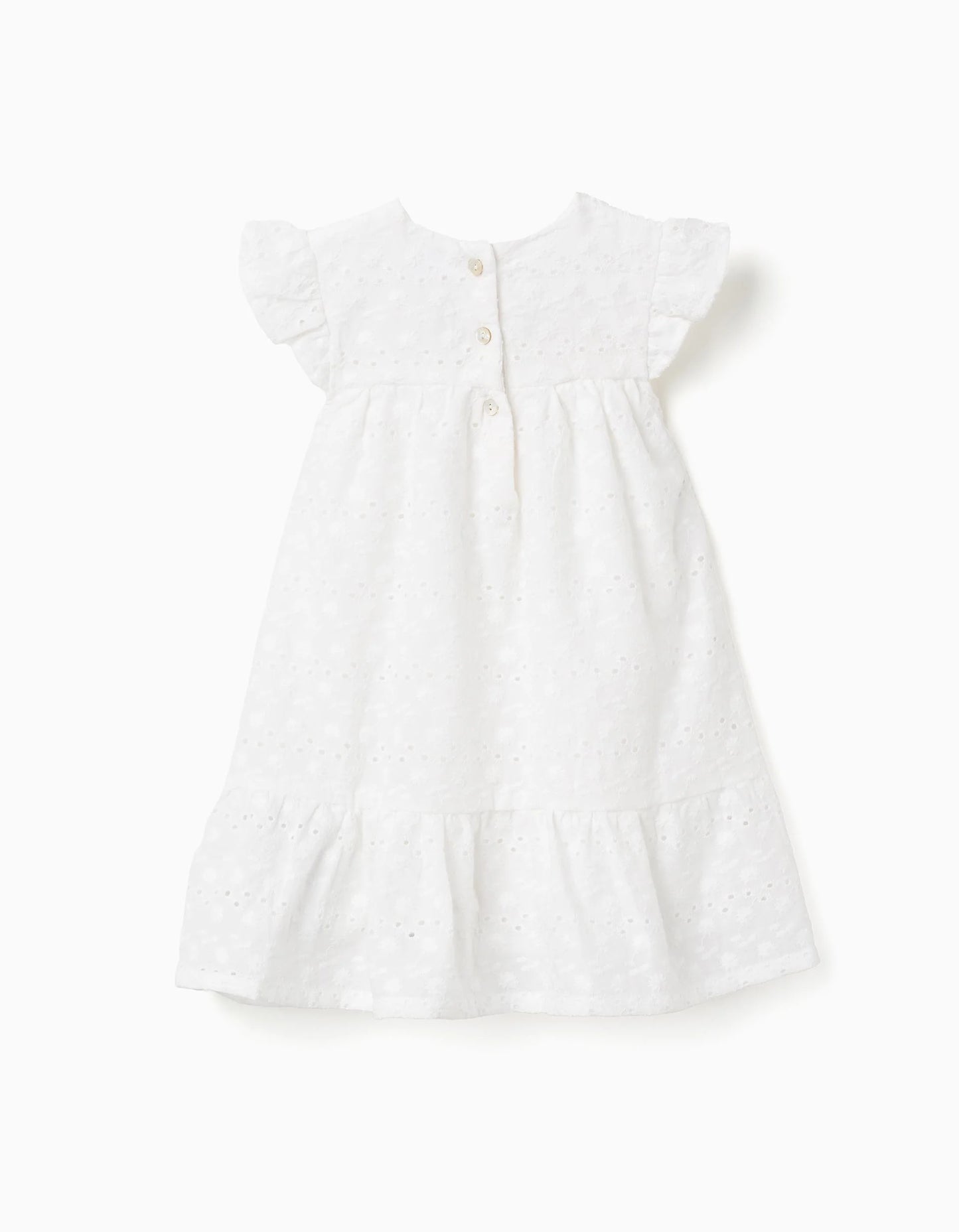 Vestito con ricami inglesi e volant per neonata