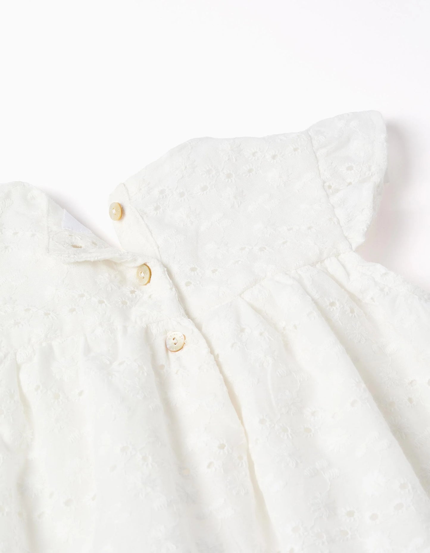 Vestito con ricami inglesi e volant per neonata