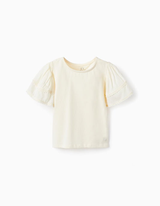 T-shirt con volant e pizzo per bambina, beige
