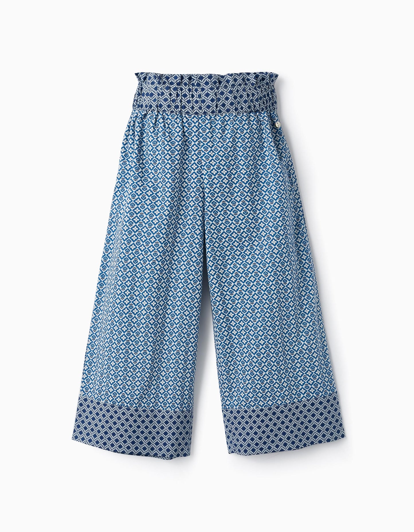 Pantaloni a vita alta in cotone fantasia "wide leg" blu/bianco