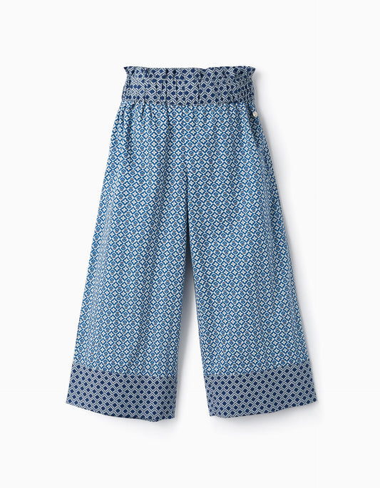 Pantaloni a vita alta in cotone fantasia "wide leg" blu/bianco
