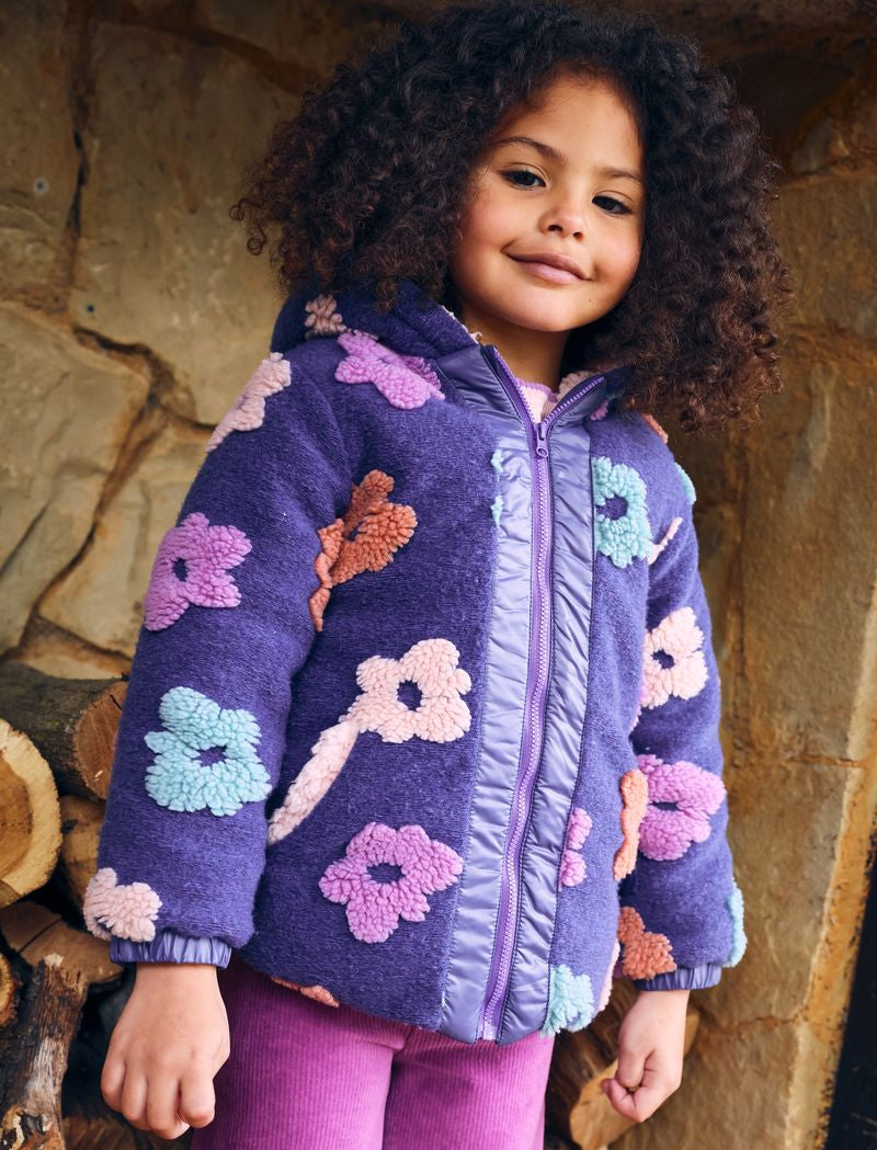 Cappotto reversibile bambina viola con fiori