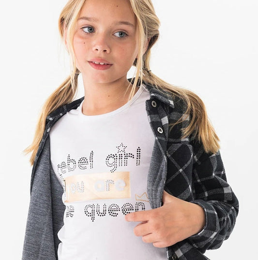 Maglietta in maglia elastica per bambina bianca con stampa "rebel girl"