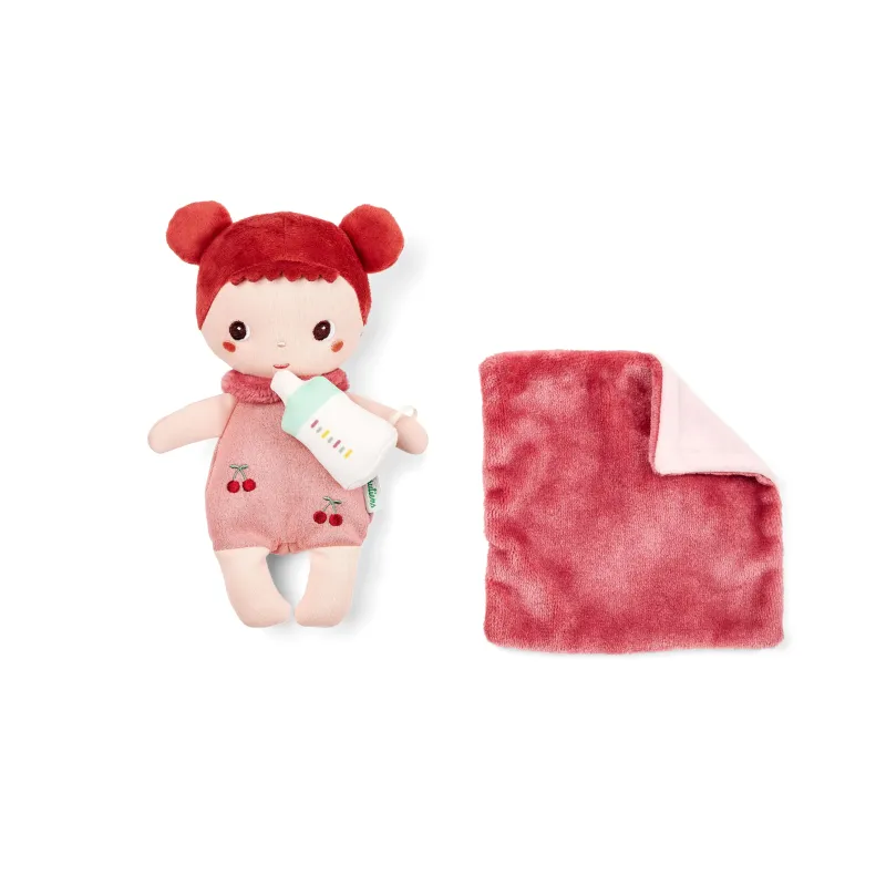 Bambola di stoffa con culla portatile