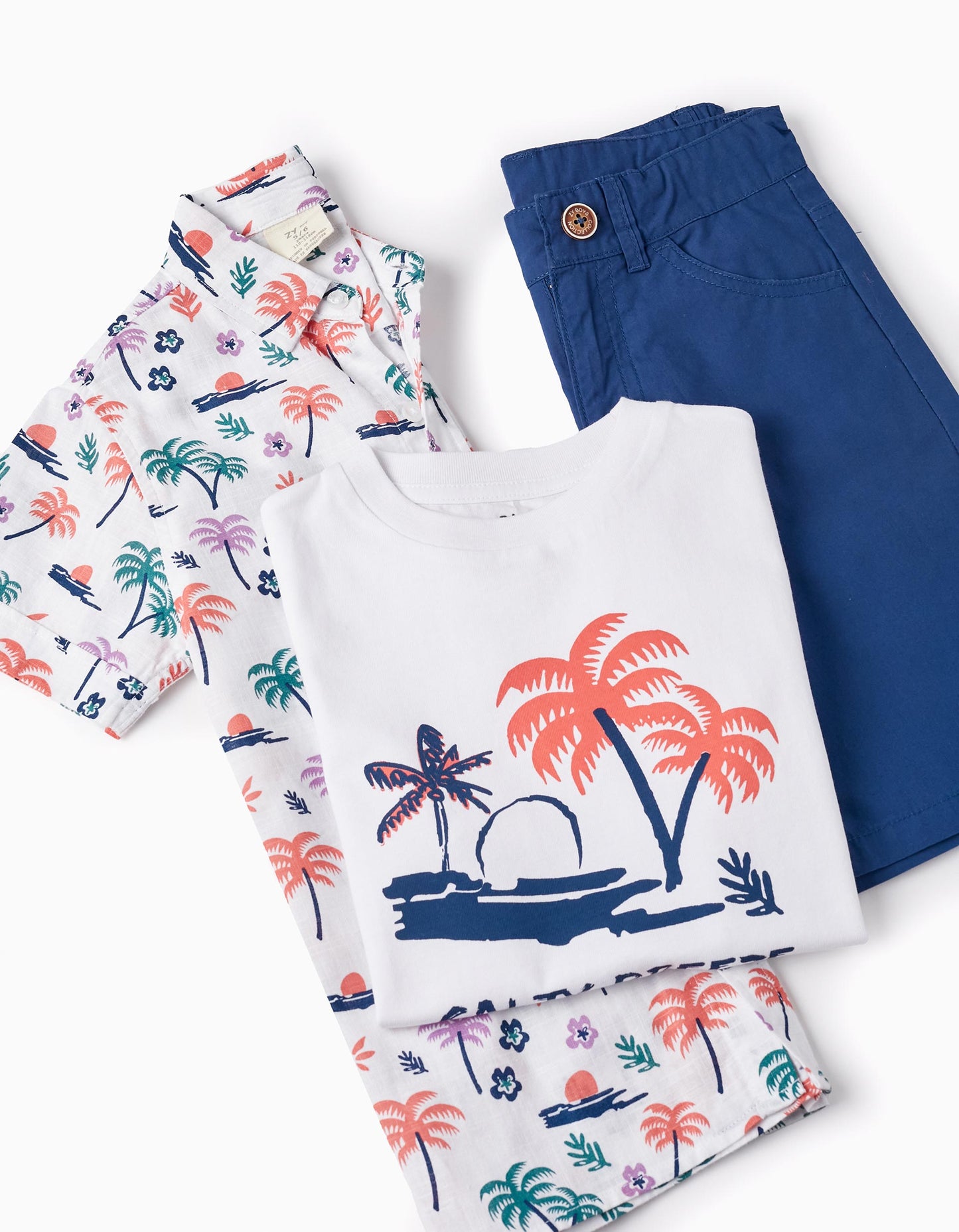 Camicia maniche corte + T-shirt + pantaloncini da bambino "palm trees", bianco/blu