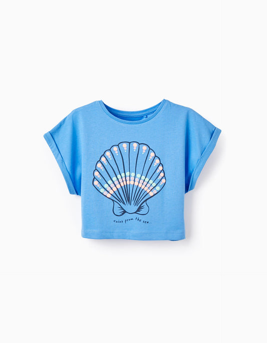 Maglietta corta in cotone per bambina "conchiglia", blu