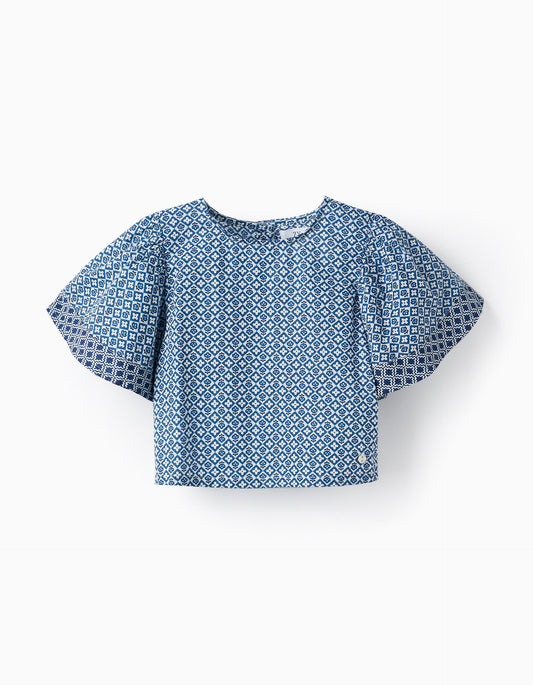 Maglietta corta in cotone con fantasia per bambina, blu/bianco