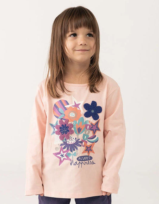 Maglietta bambina 100% cotone rosa fiori