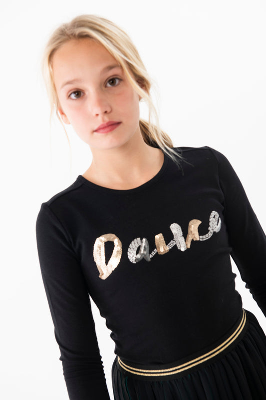 Maglietta a maglia da bambina in nero con stampa "Dance"