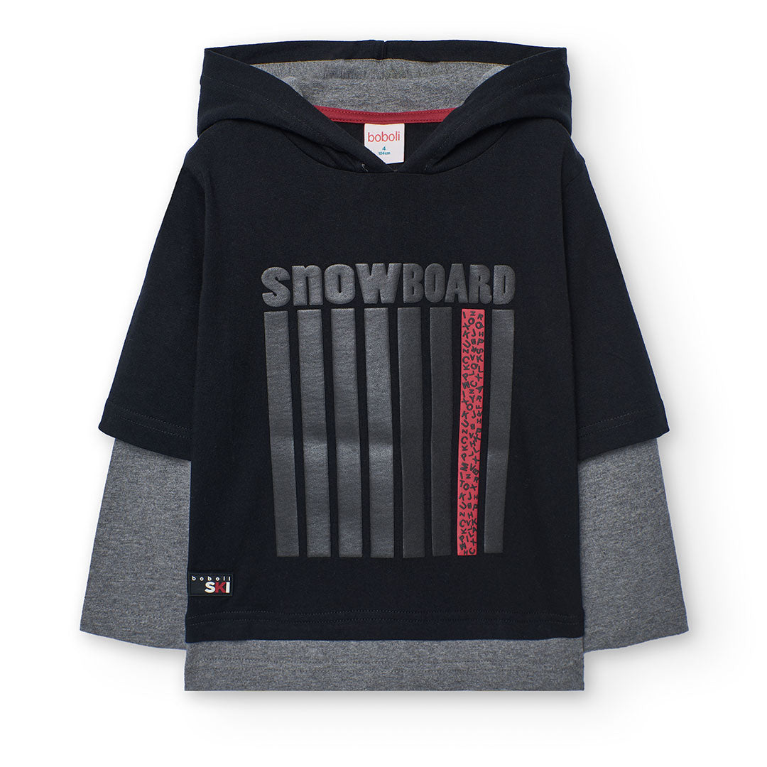 Maglietta bambino stampa Snowboard 100% cotone cappuccio nero