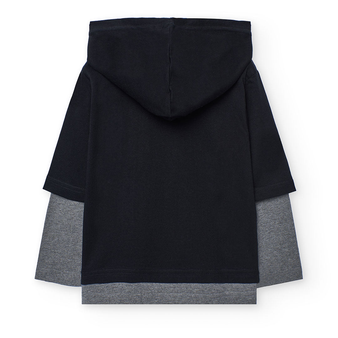 Maglietta bambino stampa Snowboard 100% cotone cappuccio nero