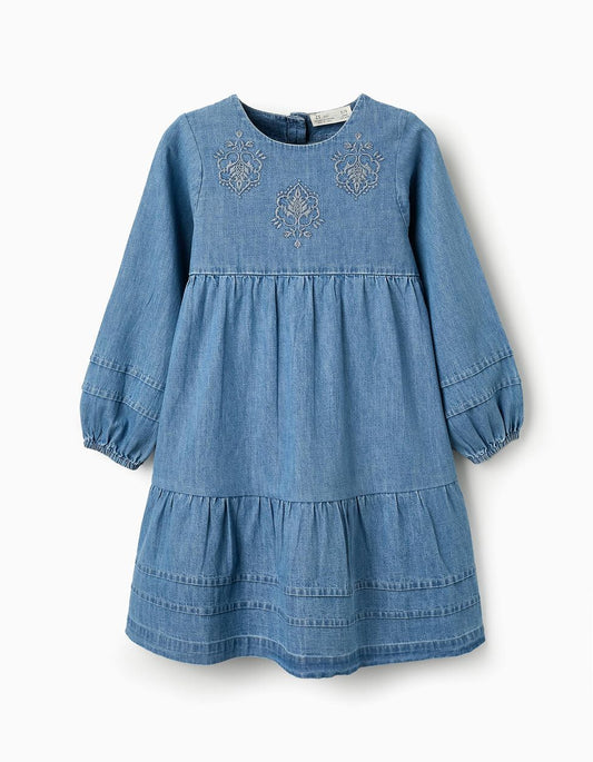 Vestito in denim con ricamo per bambina, blu